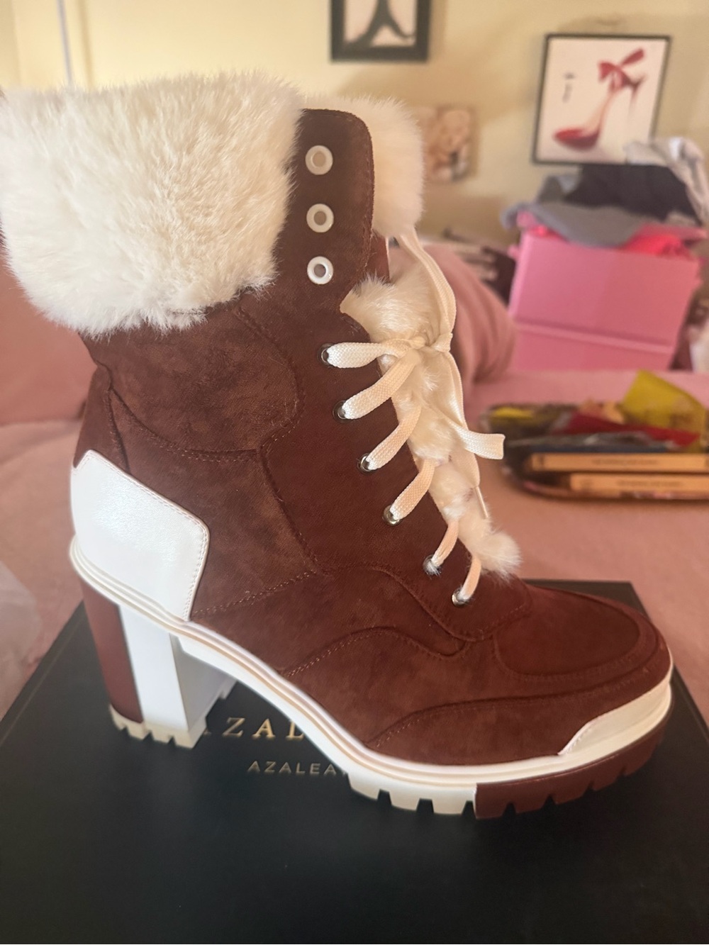 Azalea Brown Suede Fur-Trim Lace-Up Ankle Boots for Women